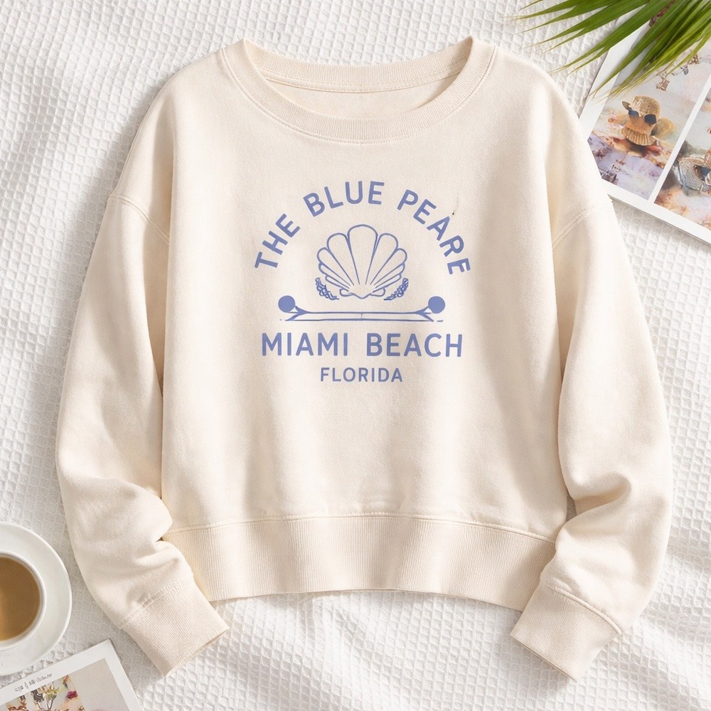 Maeve Anthropologie XL Blue Pearl Miami Beach Florida‎ Graphic Sweatshirt Cream - Picture 2 of 10
